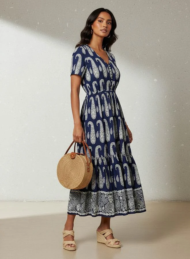 Splash FAV Paisley Print Tiered Women Dress with Short Sleeves