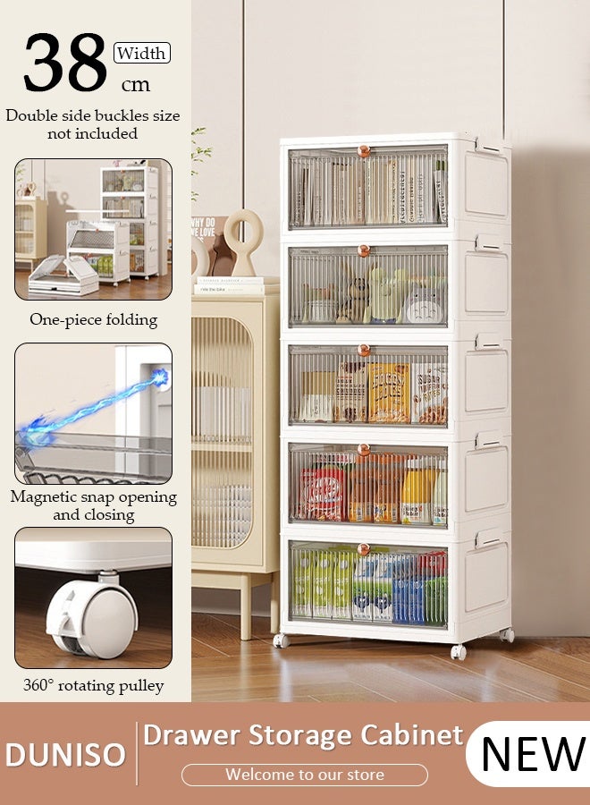 DUNISO Lidded Storage Bin,Plastic Folding Storage Cabinet with Doors，5 Layers Stackable Storage Bins with Wheels,Portable Storage for Kitchen, Study, Living Room, Bedroom, Bathroom - Image 1