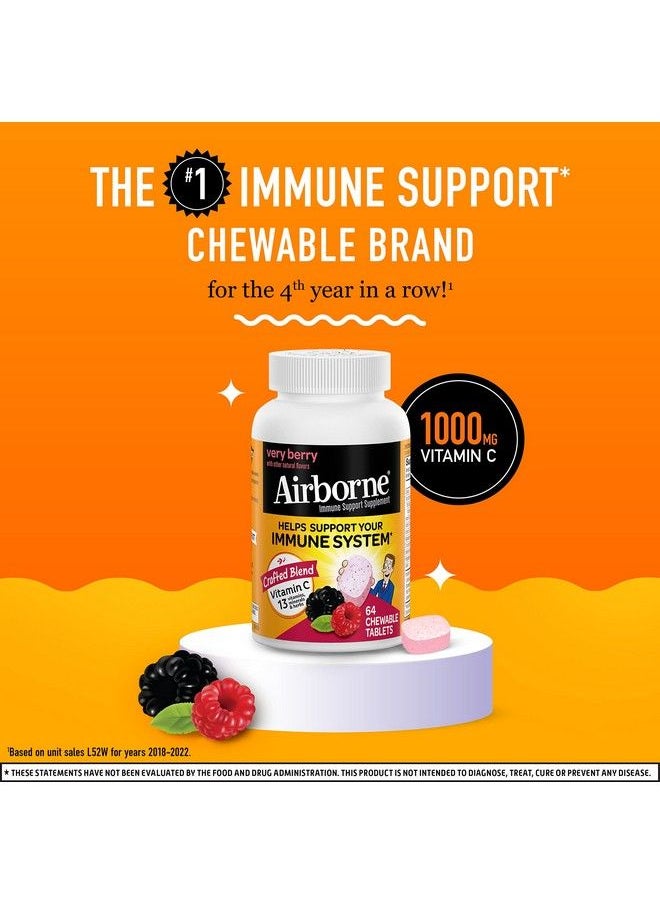 Airborne - 1000Mg Vitamin C Chewable Tablets With Zinc Immune Support Supplement With Powerful Antioxidants Vitamins A C & E 64 Chewable Tablets Very Berry Flavor - Image 1