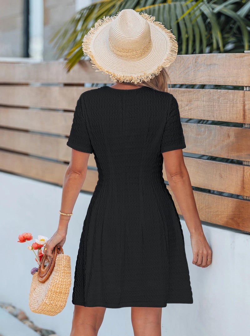 popvil Summer Cocktail Dresses for Women 2026 Spring Elegant A-Line Short Dress Boat Neck Casual Short Sleeve Mini Dress Work Party(Black,Medium) - Image 3