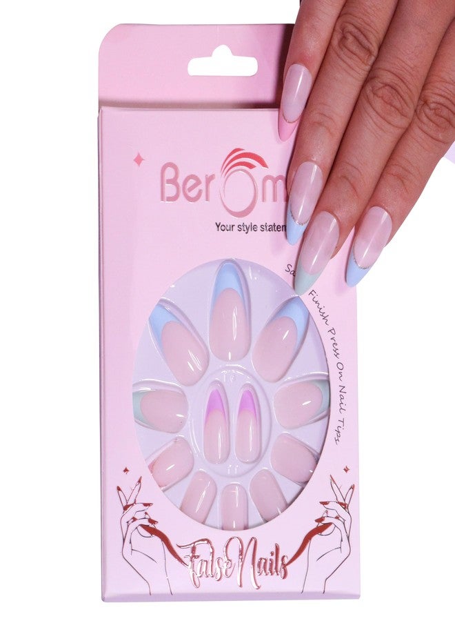 Beromt 12 Pcs Set of Salon Finish French Tip False Nails Acrylic Full Fake Nail Tips with 12 Nail Glue Tab Stickers- BFN313FN - Image 1