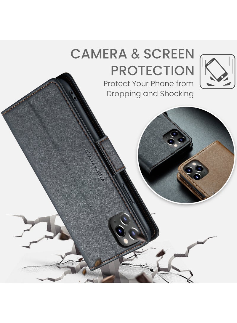 Phone Case Compatible for Apple iPhone 11 Pro, Protector Scratch Resistant Leather Kickstand Card Slots Money Pocket Black - Image 3