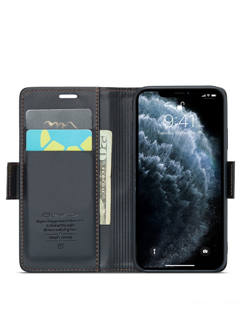 Phone Case Compatible for Apple iPhone 11 Pro, Protector Scratch Resistant Leather Kickstand Card Slots Money Pocket Black - Image 2