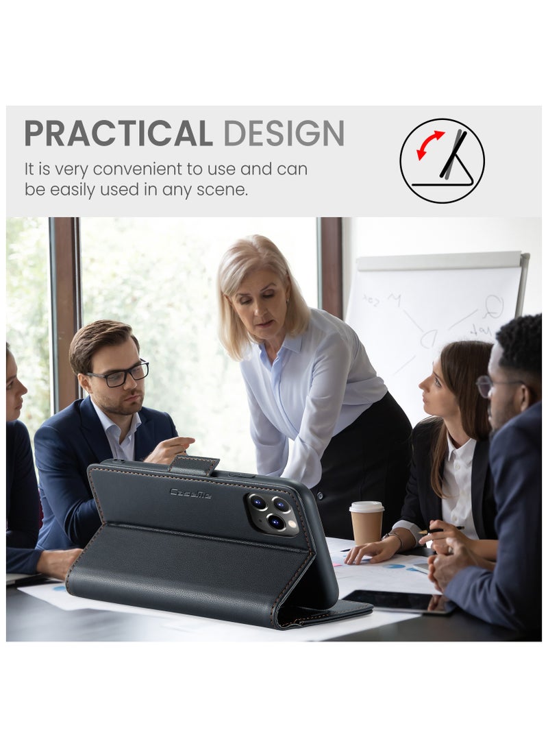 Phone Case Compatible for Apple iPhone 11 Pro, Protector Scratch Resistant Leather Kickstand Card Slots Money Pocket Black - Image 4