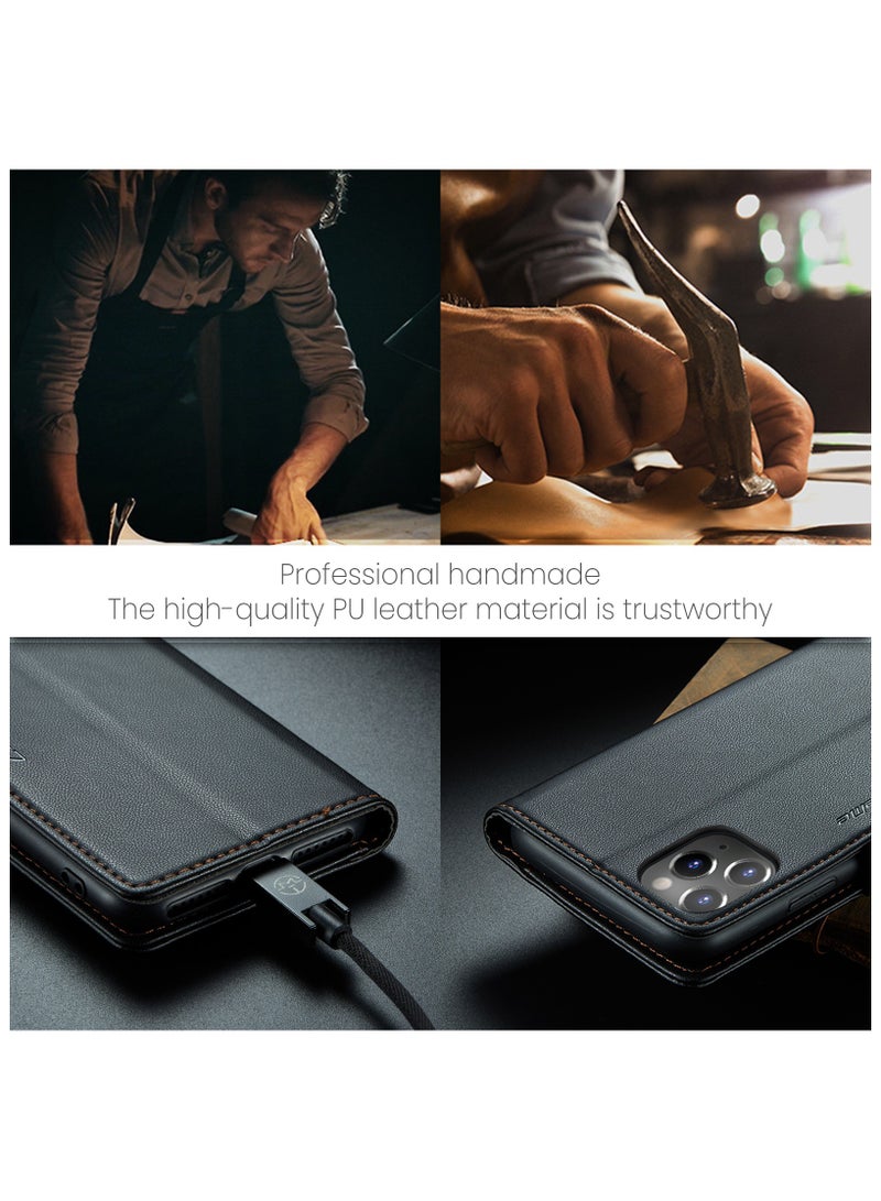 Phone Case Compatible for Apple iPhone 11 Pro, Protector Scratch Resistant Leather Kickstand Card Slots Money Pocket Black - Image 5