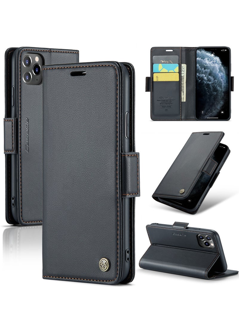 Generic - Phone Case Compatible for Apple iPhone 11 Pro, Protector Scratch Resistant Leather Kickstand Card Slots Money Pocket Black - Image 1