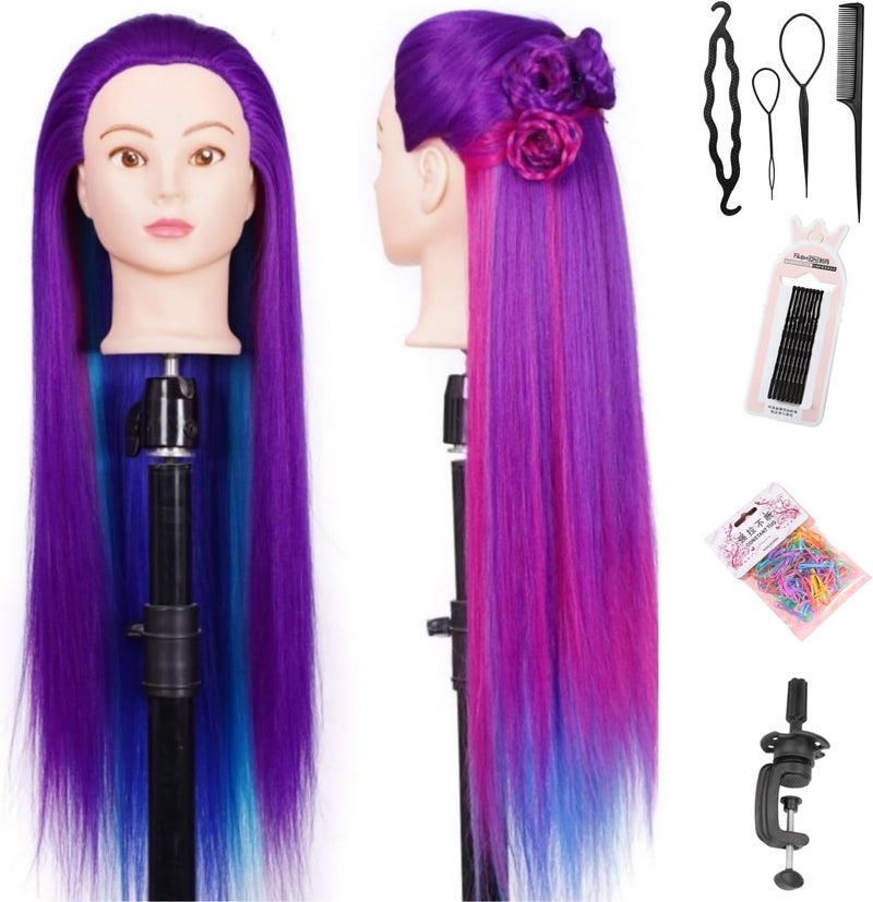 Pykisfp Training Head 26"-28'' Mannequin Head Hair Styling Manikin Cosmetology Doll Head Synthetic Fiber Hair Hairdressing Training Model Free Clamp Exquisite Gifts (Purple Four Colors) - Image 1