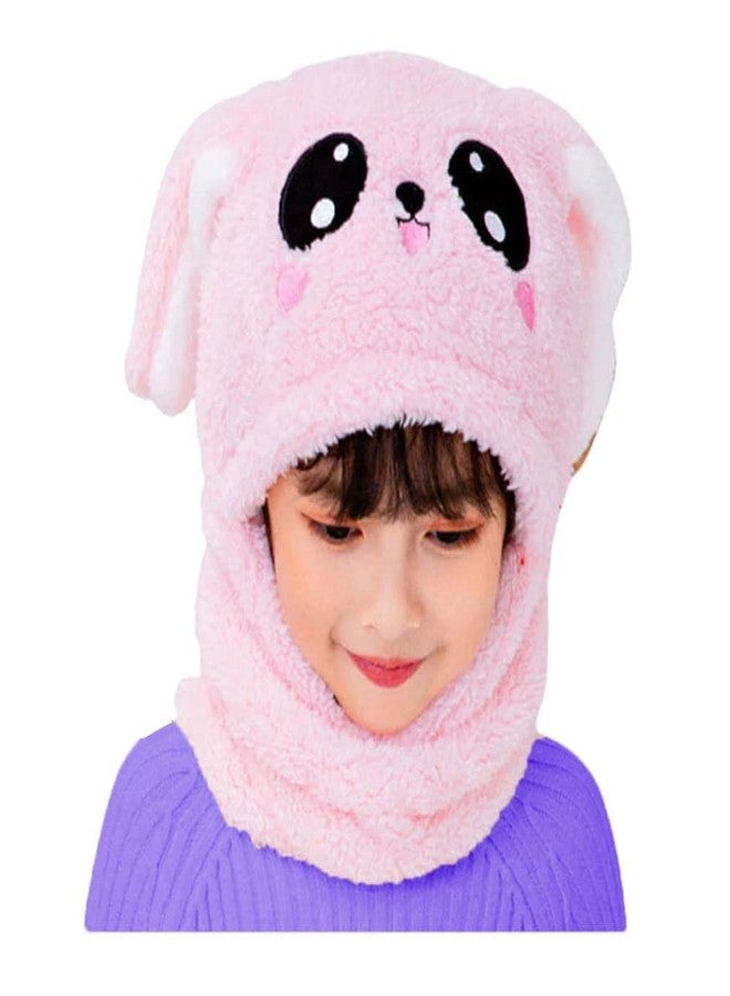 Zeki Kids Baby & Girls Winter Warm Thicken Plush Scarf Hats Earflap Beanie Lovely Panda Bear with Long Ear Cap Children Outdoor Hats (Pink Color) - Image 1