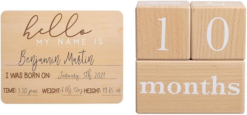 Bundle of Baby Welcome Sign + Wooden Baby Age Milestone Blocks, Weeks Months Years Number Blocks for Baby Gift and Nursery Decor