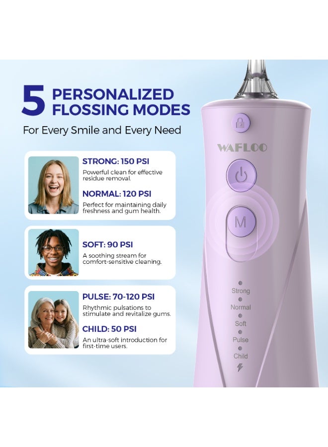 WAFLOO Water Flosser Professional 5 Modes 6 Nozzles 300ML Tank Rechargeable Portable Oral Irrigator IPX7 Waterproof Electric Flosser for Deep Teeth Cleaning (Purple) - Image 3