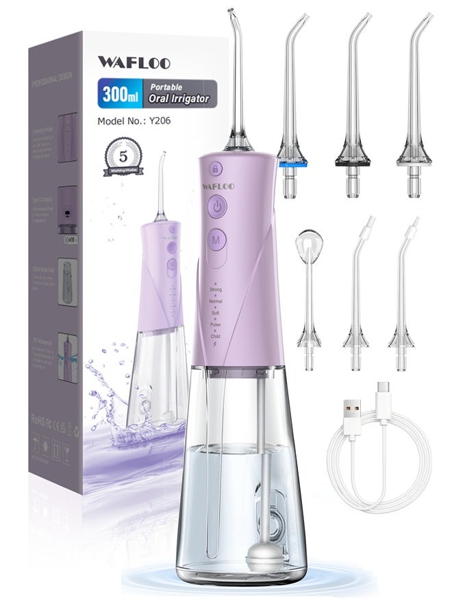 WAFLOO Water Flosser Professional 5 Modes 6 Nozzles 300ML Tank Rechargeable Portable Oral Irrigator IPX7 Waterproof Electric Flosser for Deep Teeth Cleaning (Purple) - Image 1
