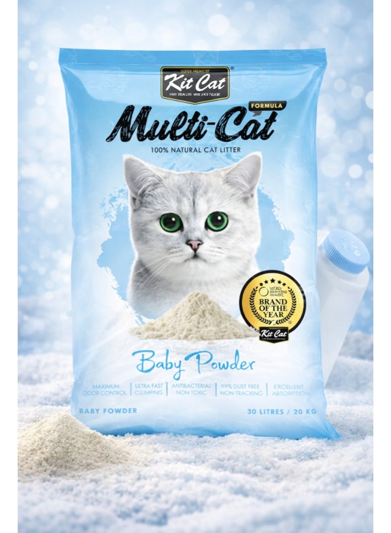 Kit Cat Super Premium Multi-Cat Formula Baby Powder Flavor 100% Natural Bentonite Cat Litter 30L Pack - Image 1