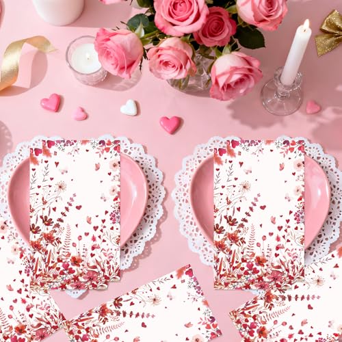 Rakuto Valentines Day Napkins Party Decorations, 100PCS Valentine's Day Love Hearts Flower Disposable Paper Napkins Table Decoration, Valentine Dinner Decor for Lunch Dinner Kitchen Bathroom - Image 4