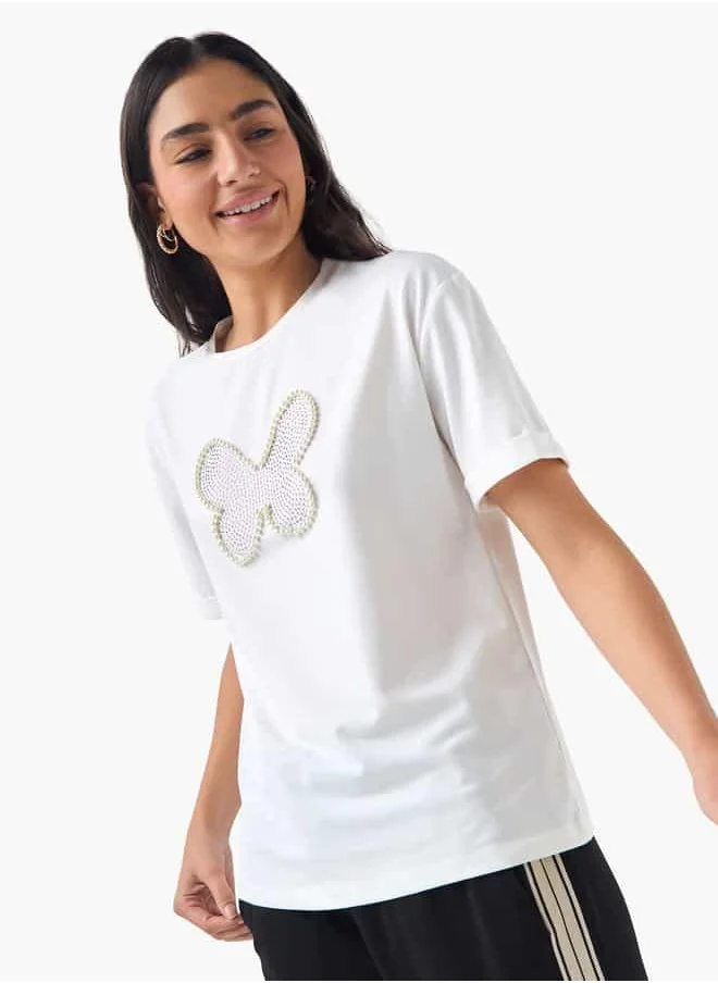 2Xtremz 2Xtremz Butterfly Embellished T-shirt with Short Sleeves