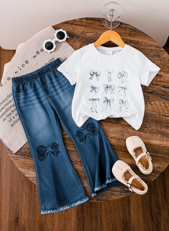 Take Two Girls Bow Print Short Sleeve Top And Pants Set - Image 1