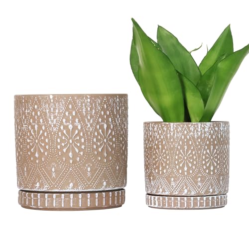 YFFSRJDJ 8 Inch + 6 Inch Plant Pot with Drainage Holes and Saucers, Indoor Ceramic Planter for Plants Succulent Orchid Flower Pots - Image 1