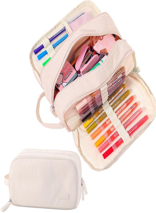 Nuozme 3 Compartment Pencil Case,Large Capacity School Supplies Pencil bag with Easy Handle, Soft Corduroy Pencil Pouch, Aesthetic Supply Pen Case Bag Organizer For Teen Girls College (Beige) - Image 1