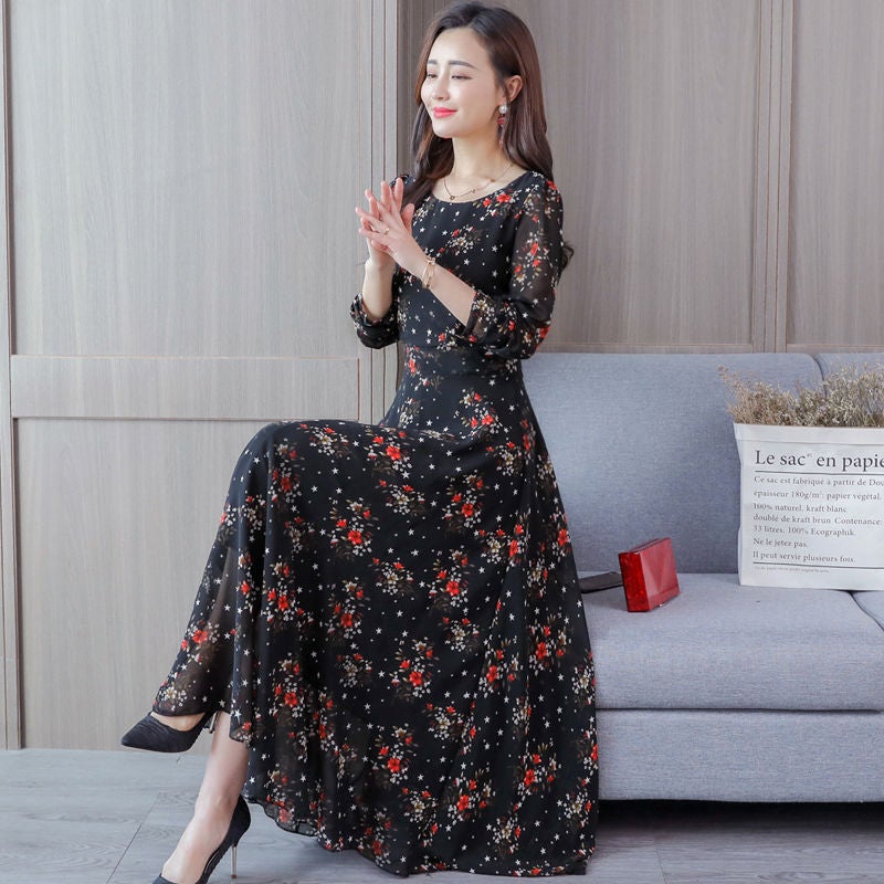 2019 Spring Summer Floral Print A-Line Midi Dress Black Black - Image 1