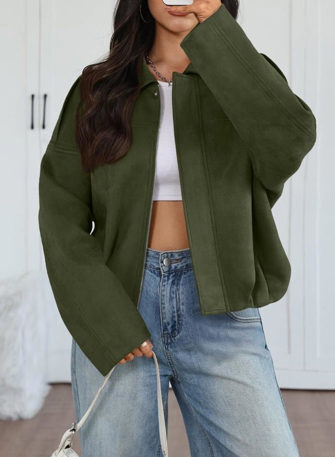 Trendy Queen Womens Faux Suede Bomber Jacket Fall Oversized Zip Up Leather Jackets Winter Motorcycle Coat 2025, Armygreen, M - Image 2