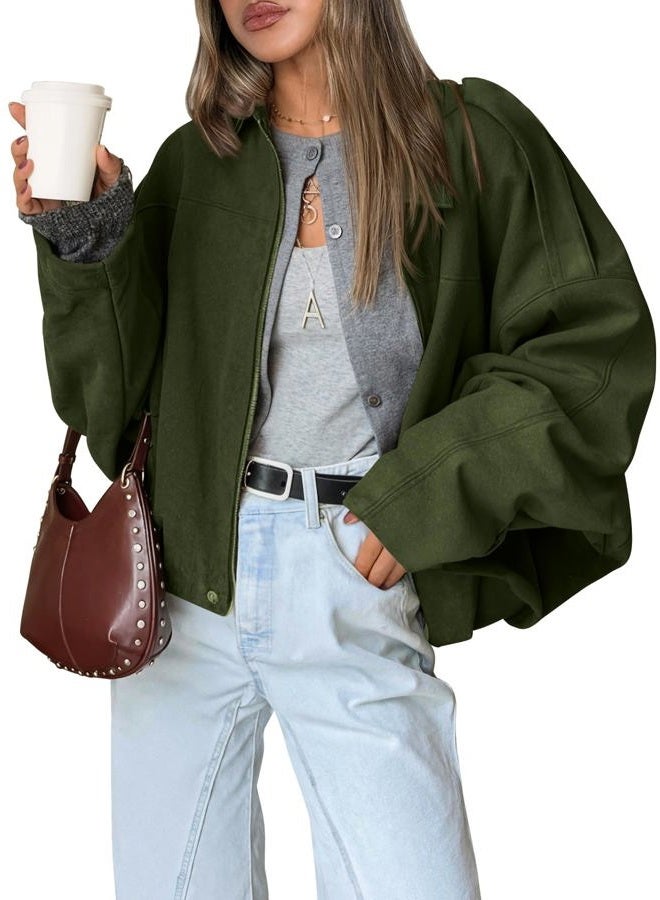 Trendy Queen Womens Faux Suede Bomber Jacket Fall Oversized Zip Up Leather Jackets Winter Motorcycle Coat 2025, Armygreen, M - Image 1