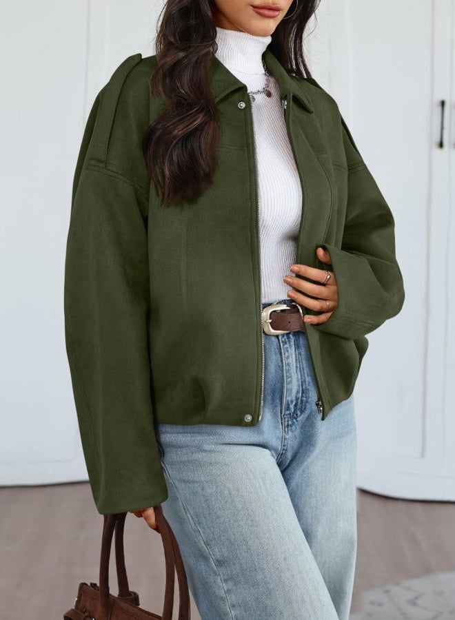 Trendy Queen Womens Faux Suede Bomber Jacket Fall Oversized Zip Up Leather Jackets Winter Motorcycle Coat 2025, Armygreen, M - Image 3