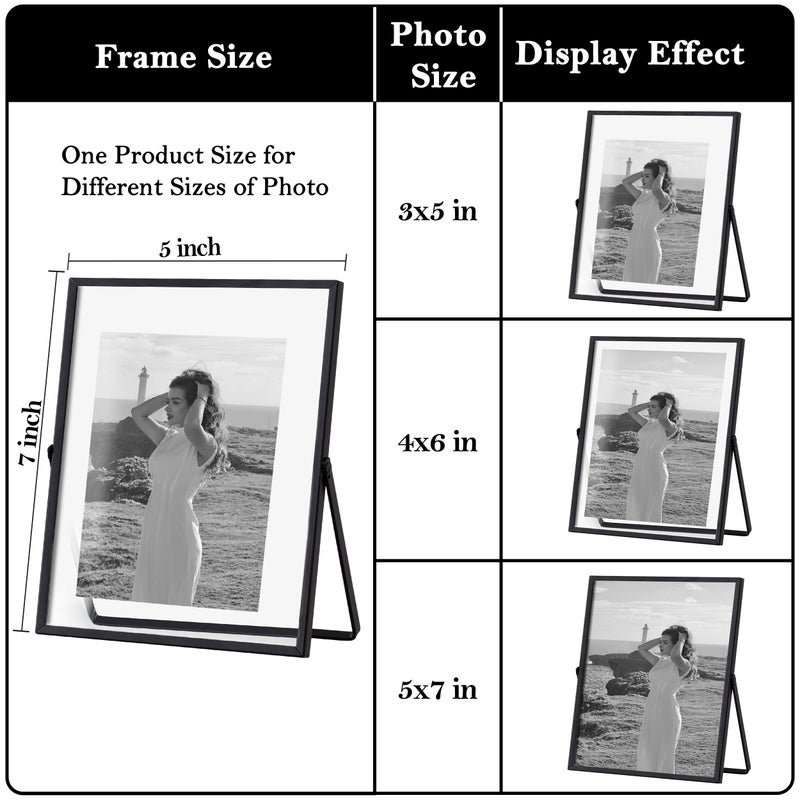 eletecpro 5x7 Metal Picture Frame with Real Glass Cover, Tabletop Display Photo for Multiple Size up to 5x7, Black Floating Photo Frame Diaplay 2x3, 3x5, 4x6 for Wedding, Party, Home Decor, Vertical - Image 2