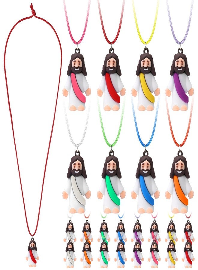 Bememo 24 Pcs Little Jesus Figures Necklaces Original Design Mini Rubber Jesus Figures to Easter Egg Hide and Seek Religious Party Favors Sunday Baptism Gifts, 8 Color - Image 1