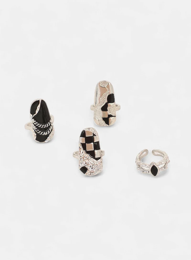Sohi  Women The Corroded-Checks Nail Ring Set | Metallic  Colour | One-Size | Metallic Alloy Material | Adjustable Closure | Ring For Casual & Evening Wear for Women | Best Price UAE