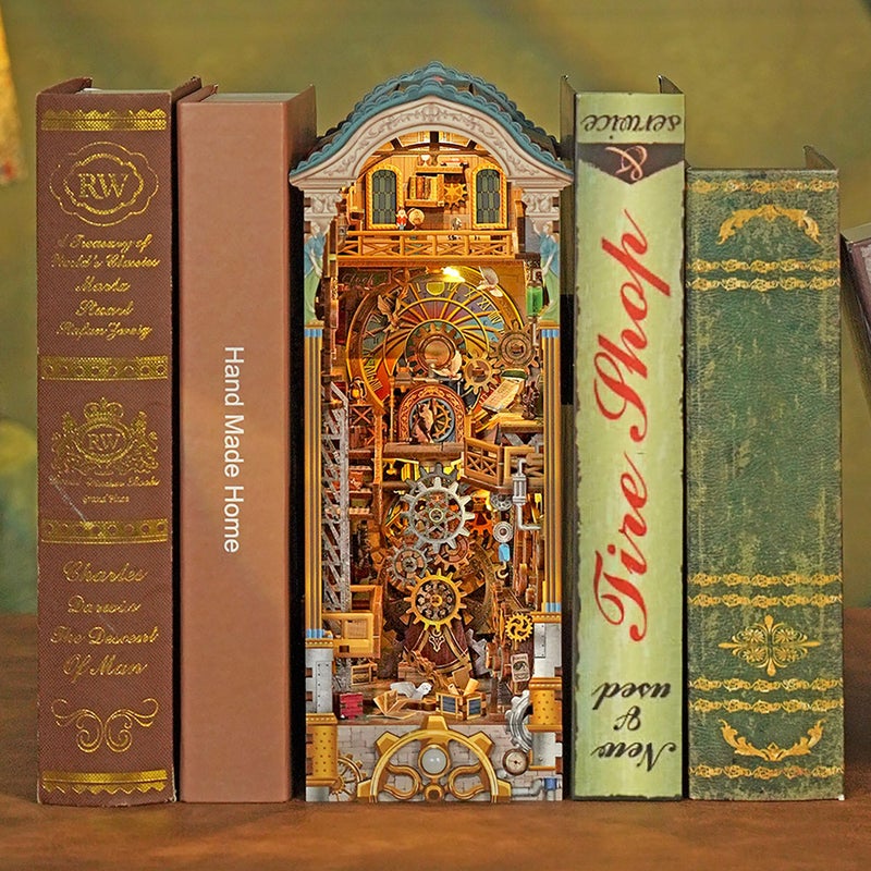 Tonecheer DIY Book Nook Kit for Adults, 3D Wooden Puzzle Bookend Miniature House Kit, Booknook Bookshelf Insert Decor with Dust Cover and LED Lights Gifts (Clock Tower) - Image 5