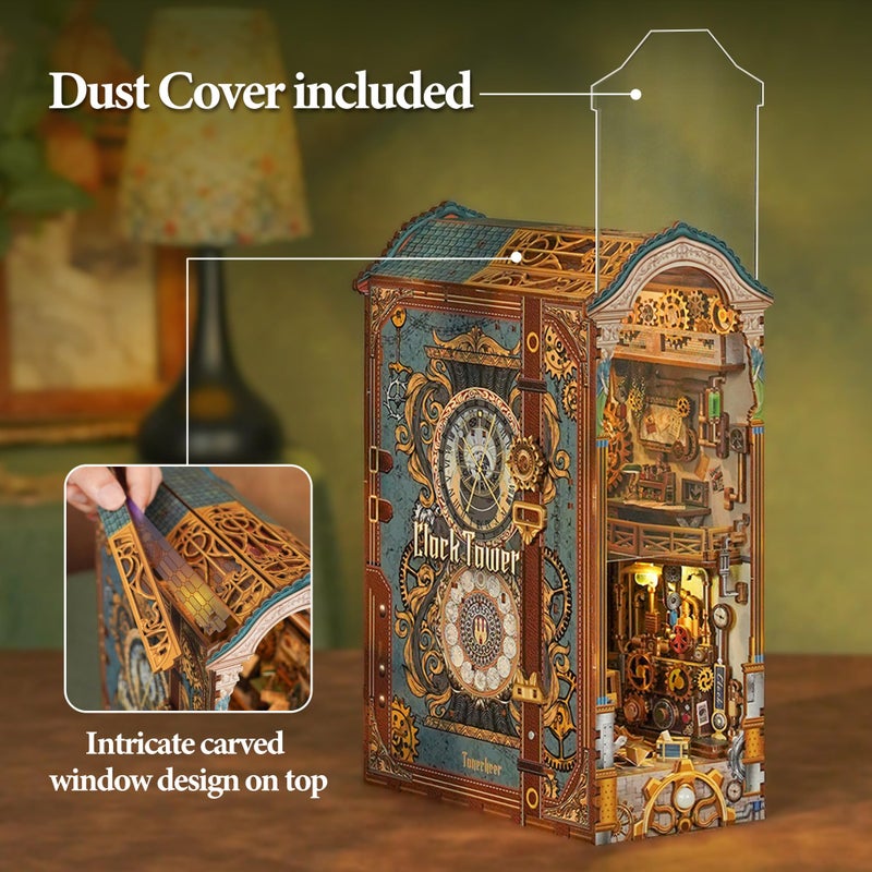 Tonecheer DIY Book Nook Kit for Adults, 3D Wooden Puzzle Bookend Miniature House Kit, Booknook Bookshelf Insert Decor with Dust Cover and LED Lights Gifts (Clock Tower) - Image 4