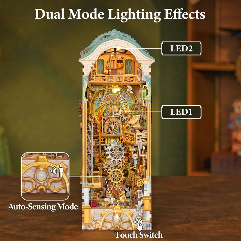 Tonecheer DIY Book Nook Kit for Adults, 3D Wooden Puzzle Bookend Miniature House Kit, Booknook Bookshelf Insert Decor with Dust Cover and LED Lights Gifts (Clock Tower) - Image 2