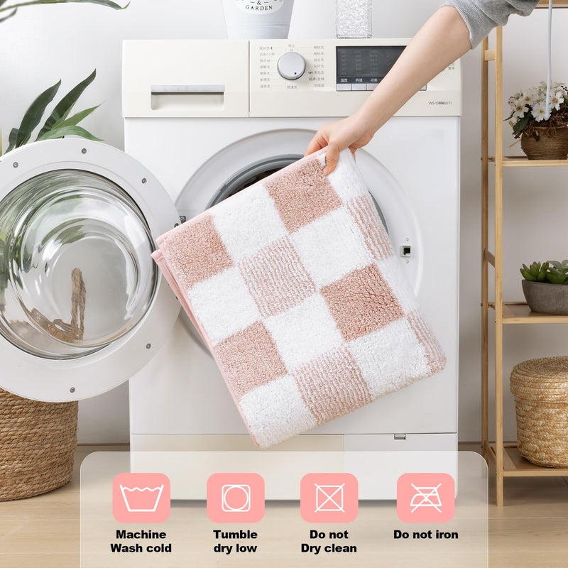 Yamaziot Checkered Bathroom Rug Sets 5 Piece, Non-Slip Ultra Absorbent Microfiber Bath Mats, Machine Washable Plush Shag Ultra Soft Bath Rug for Bathroom, Shower, Pink - Image 5
