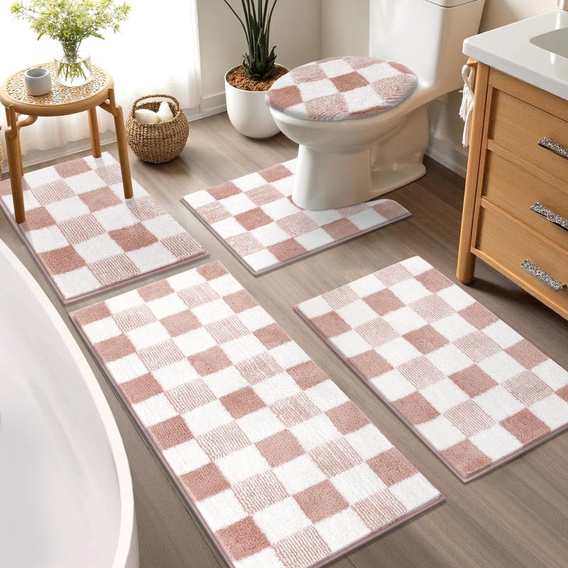 Yamaziot Checkered Bathroom Rug Sets 5 Piece, Non-Slip Ultra Absorbent Microfiber Bath Mats, Machine Washable Plush Shag Ultra Soft Bath Rug for Bathroom, Shower, Pink - Image 1