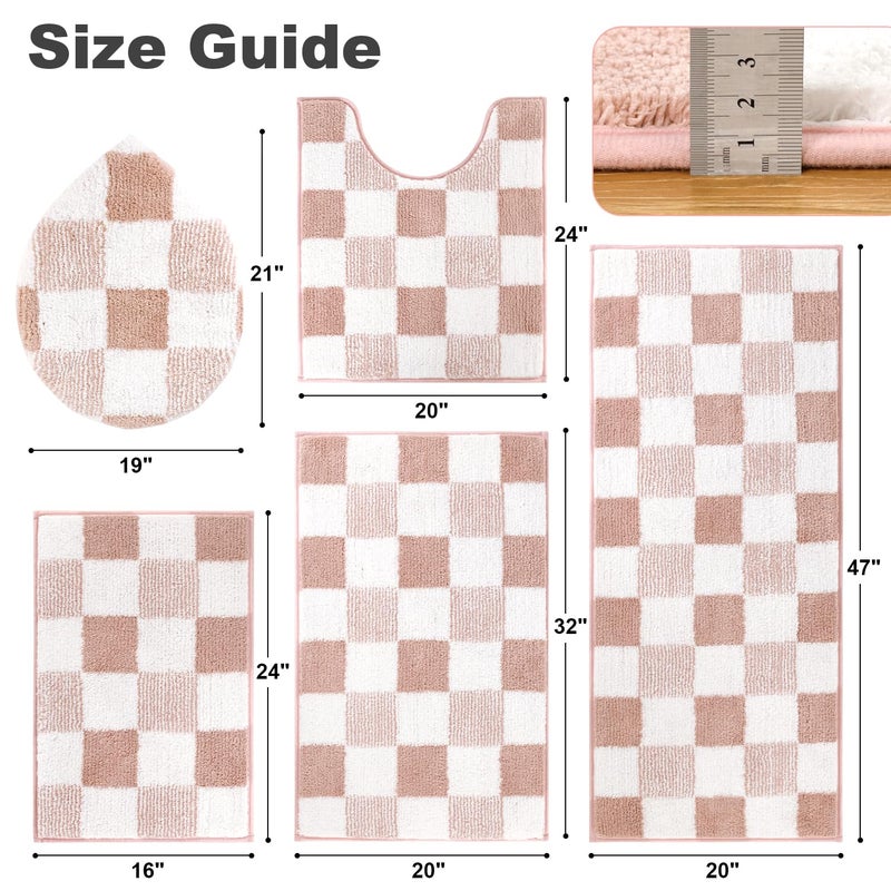 Yamaziot Checkered Bathroom Rug Sets 5 Piece, Non-Slip Ultra Absorbent Microfiber Bath Mats, Machine Washable Plush Shag Ultra Soft Bath Rug for Bathroom, Shower, Pink - Image 2