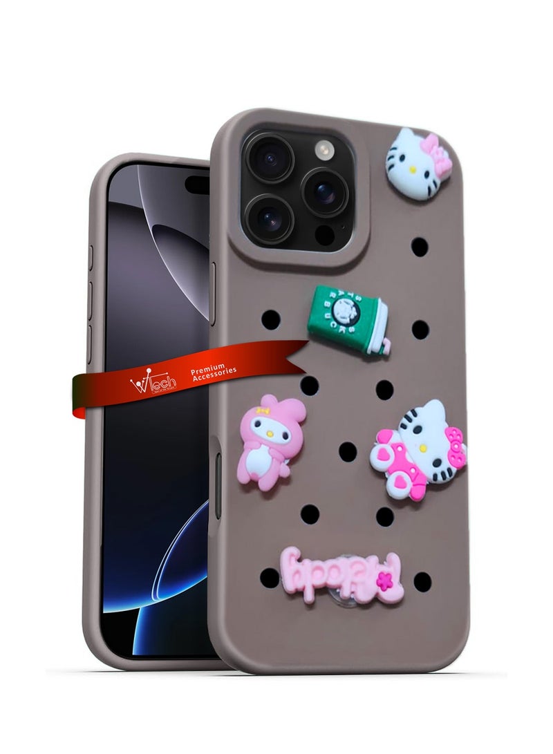 دبليو تيك ابل ايفون 16 برو ماكس 2024 لطيف الكرتون سيليكون النعال ثقوب الصدمات غطاء جراب الهاتف DIY - بني - Image 1