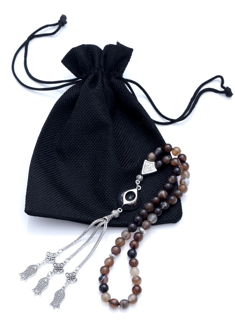 Subhati Prayer Beads ( Misbah ) with metal Parts and Brown Agate Stone | 8 MM Beads - 45  - Image 2