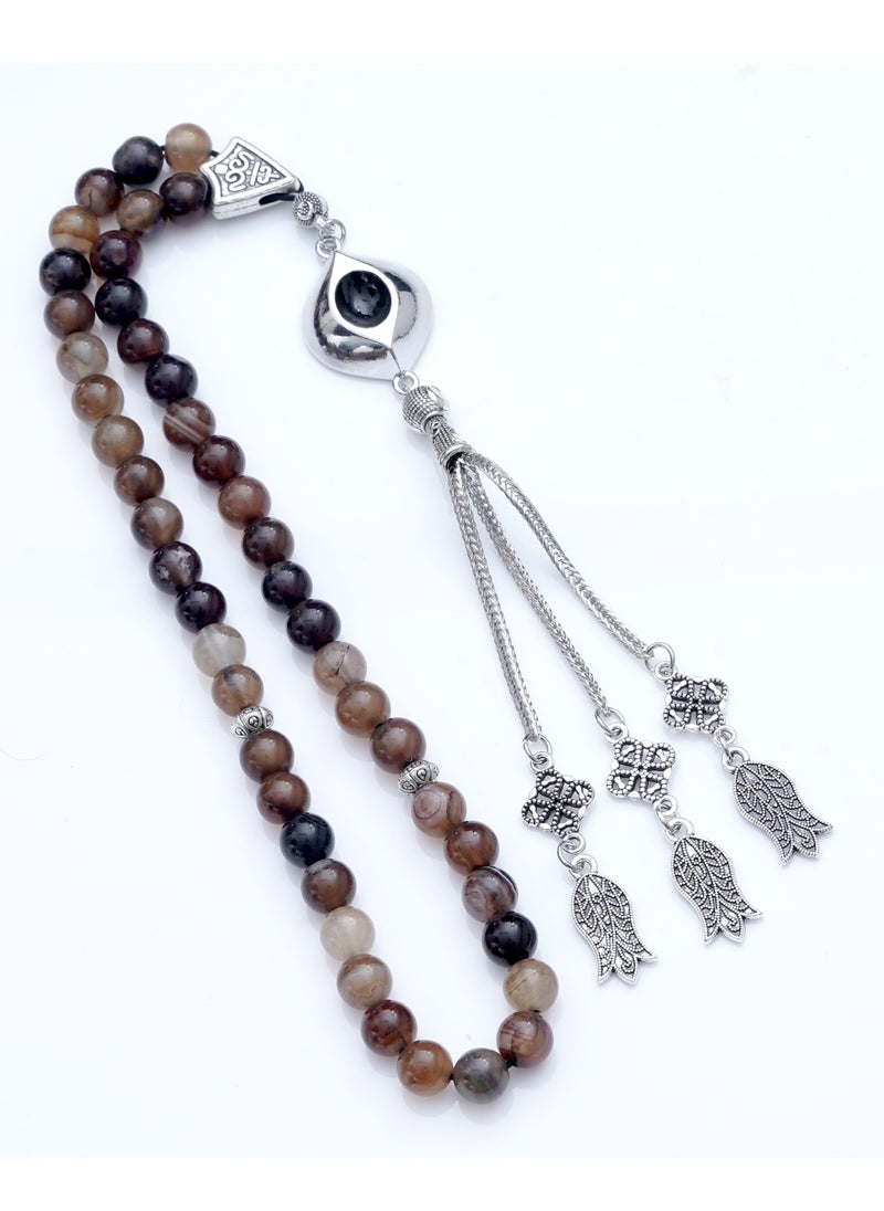 Subhati Prayer Beads ( Misbah ) with metal Parts and Brown Agate Stone | 8 MM Beads - 45  - Image 1