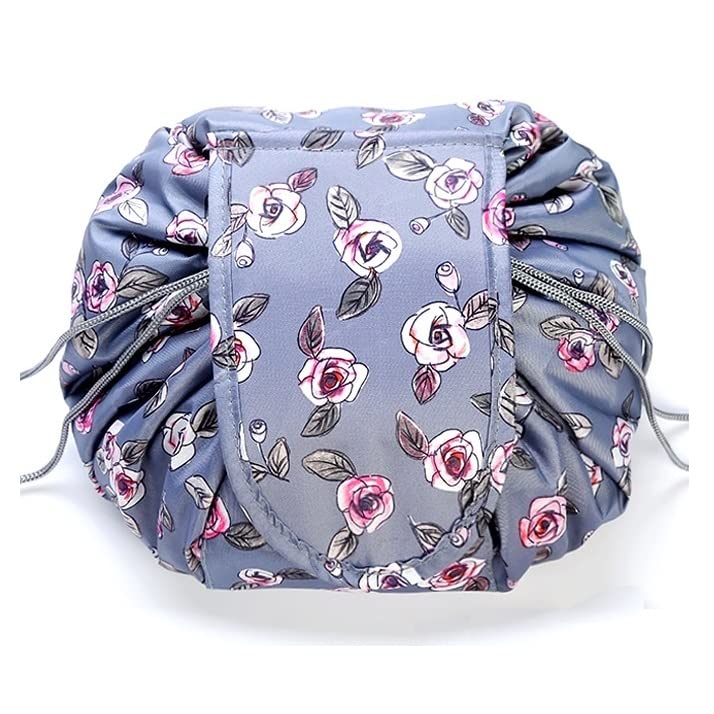 Nirvik Women’s Waterproof Portable Cosmetic Bag | Multifunction 2-in-1 Travel Makeup Organizer with Drawstrings, Medium 6 cm, Convenient Lazy Toiletry Storage (Grey Rose) - Image 1