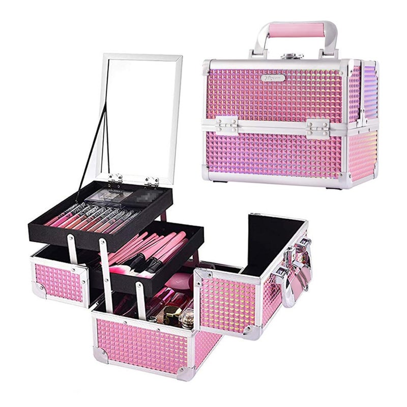 Joligrace Makeup Train Case Makeup Case Organizer Portable Cosmetic Box Storage with 2 Trays Mirror Locking Make Up Travel Case for Nail Kits Cosmetics Craft Traveling Makeup Box Mermaid Pink - Image 1