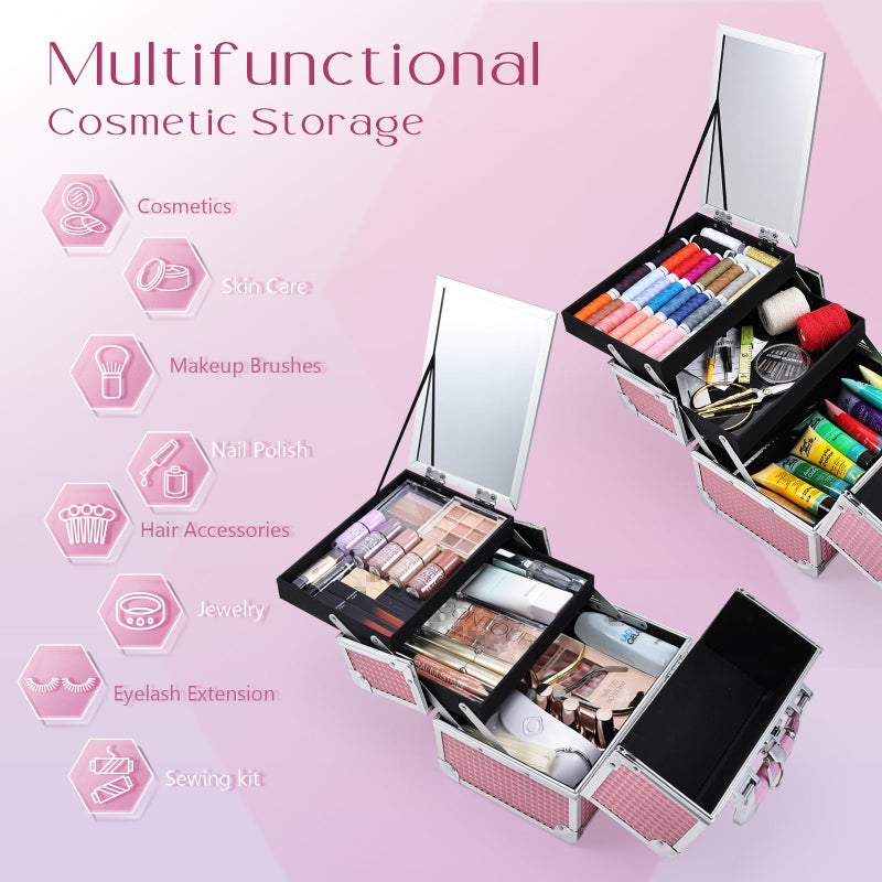 Joligrace Makeup Train Case Makeup Case Organizer Portable Cosmetic Box Storage with 2 Trays Mirror Locking Make Up Travel Case for Nail Kits Cosmetics Craft Traveling Makeup Box Mermaid Pink - Image 2