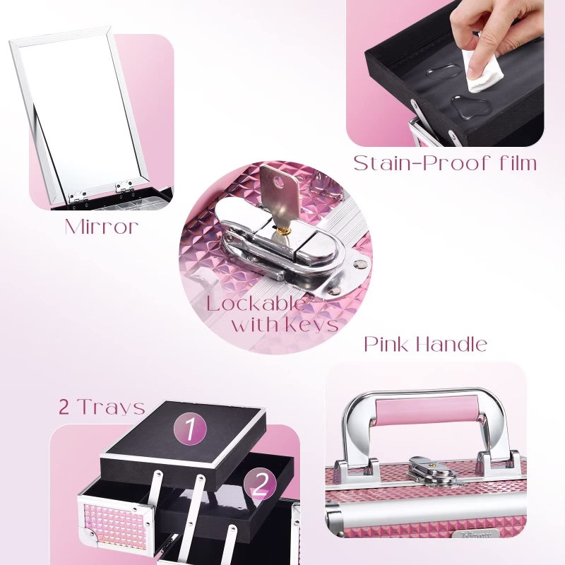 Joligrace Makeup Train Case Makeup Case Organizer Portable Cosmetic Box Storage with 2 Trays Mirror Locking Make Up Travel Case for Nail Kits Cosmetics Craft Traveling Makeup Box Mermaid Pink - Image 4