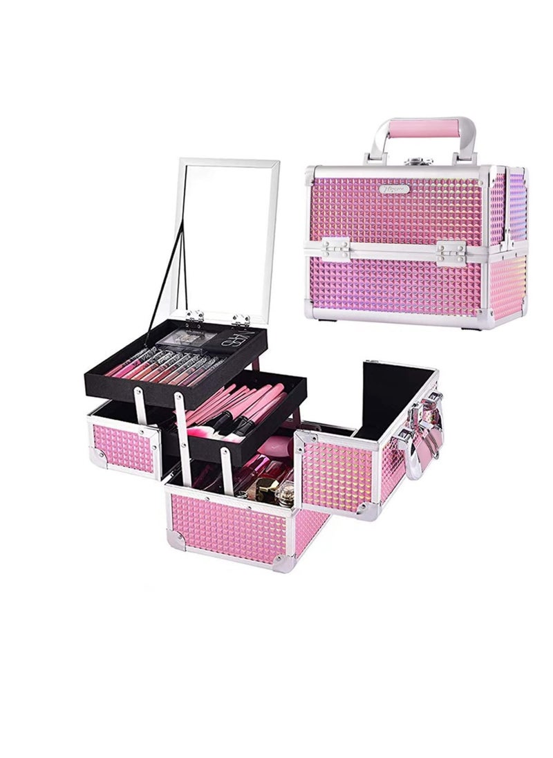 Joligrace - Joligrace Makeup Train Case Cosmetic Box Portable Makeup Case Organizer 2 Trays Makeup Storage with Mirror Locking for Cosmetologist Aesthetic Supplies Nail Tech Traveling Makeup Box Mermaid Pink - Image 1