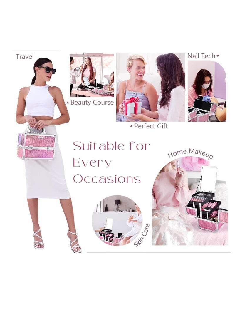 Joligrace - Joligrace Makeup Train Case Cosmetic Box Portable Makeup Case Organizer 2 Trays Makeup Storage with Mirror Locking for Cosmetologist Aesthetic Supplies Nail Tech Traveling Makeup Box Mermaid Pink - Image 1