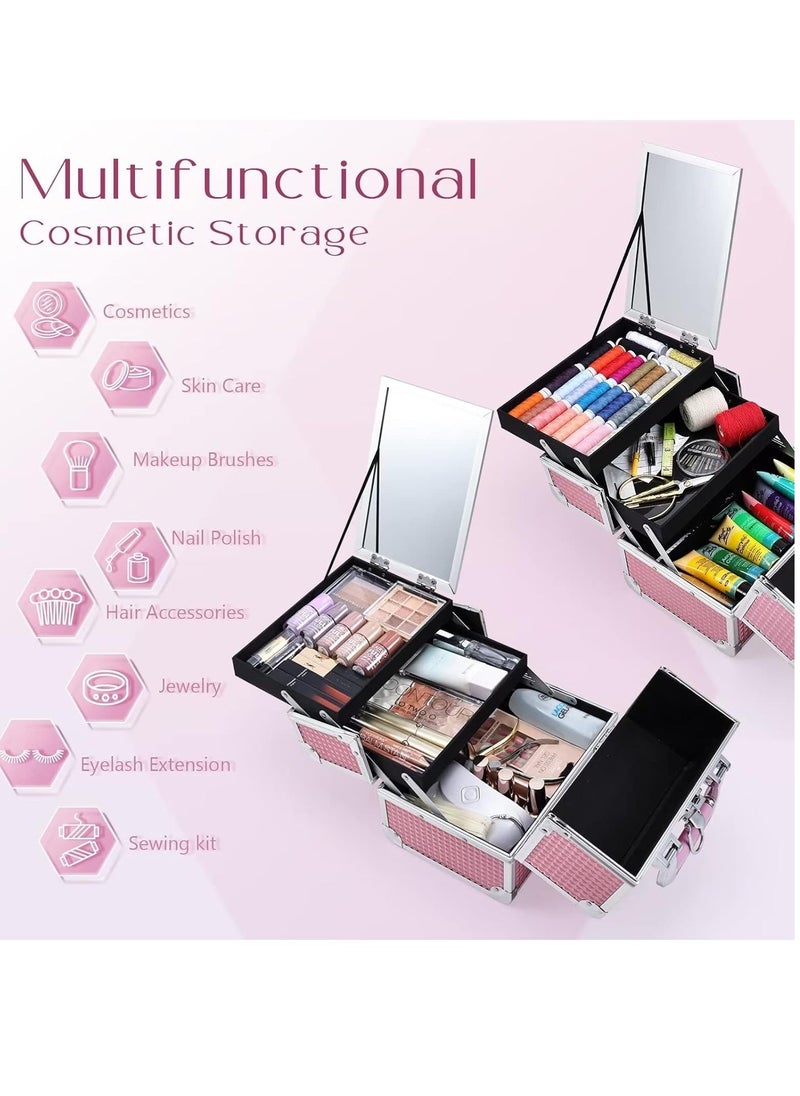 Joligrace - Joligrace Makeup Train Case Cosmetic Box Portable Makeup Case Organizer 2 Trays Makeup Storage with Mirror Locking for Cosmetologist Aesthetic Supplies Nail Tech Traveling Makeup Box Mermaid Pink - Image 1
