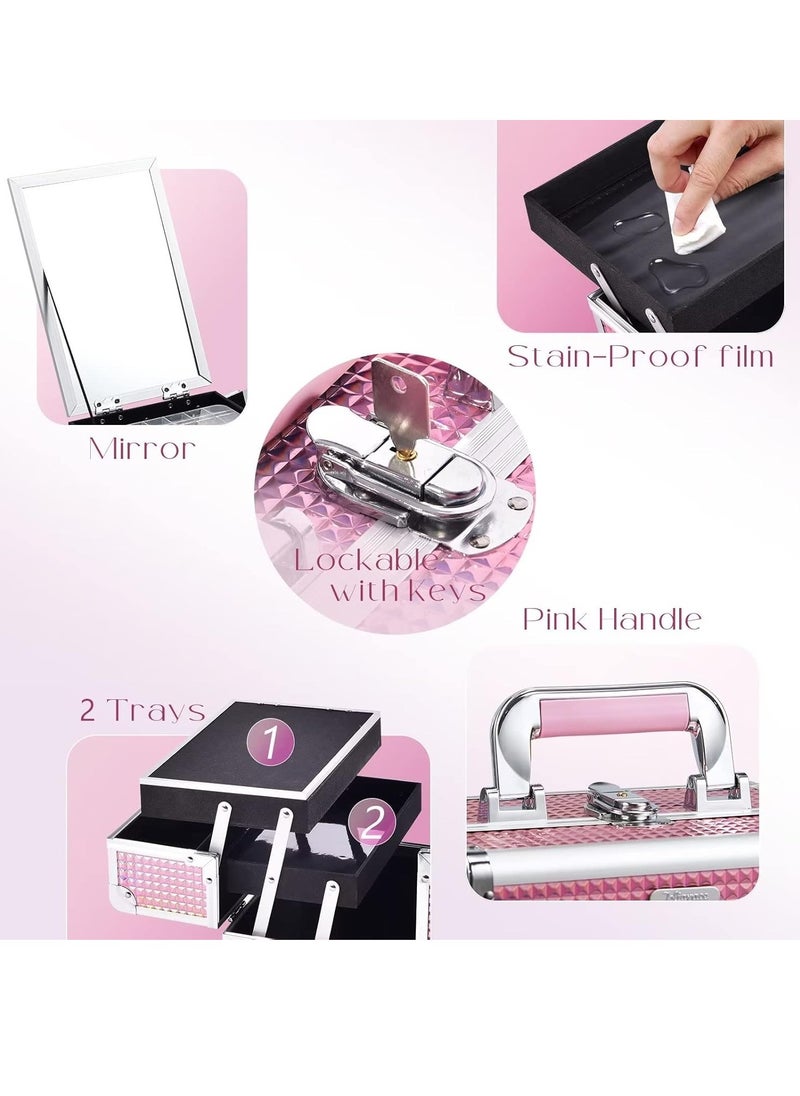 Joligrace - Joligrace Makeup Train Case Cosmetic Box Portable Makeup Case Organizer 2 Trays Makeup Storage with Mirror Locking for Cosmetologist Aesthetic Supplies Nail Tech Traveling Makeup Box Mermaid Pink - Image 1