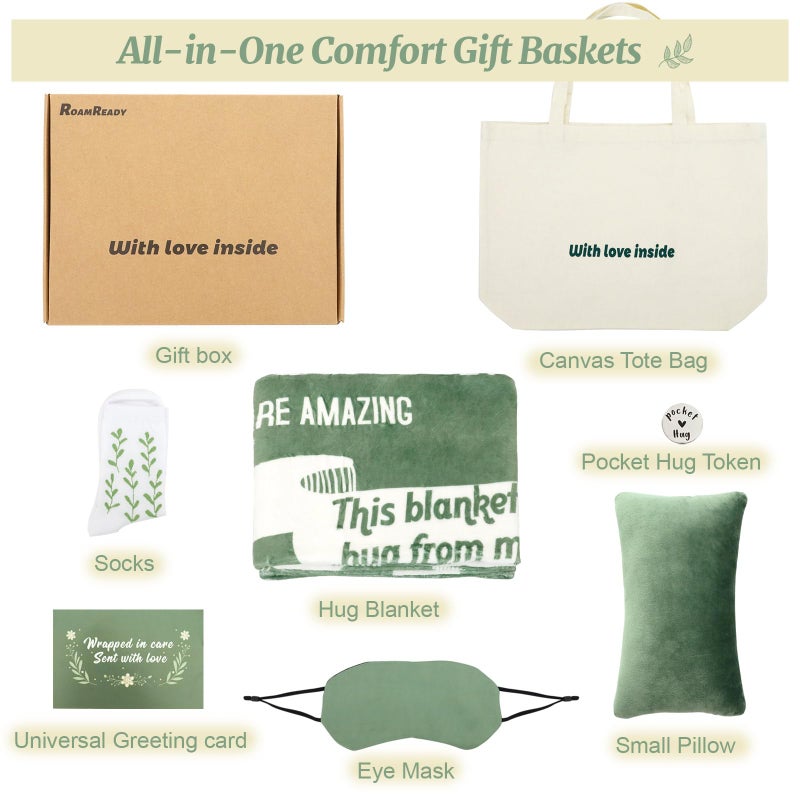 RoamReady Get Well Soon Gift Baskets for Women, Thinking of You, Cancer Care Gifts for Family Friends Sister, 8pcs Care Package With Small Pillow for Travel, Hug Blanket, Pocket Hug Token, Canvas Bag - Image 2