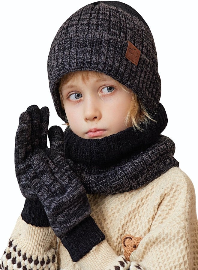KMOLY Kids Winter Hat Gloves Scarf Set，Beanie hat Fleece Lining Touchscreen Gloves for Toddler Girls Boys (Black Mix) - Image 1