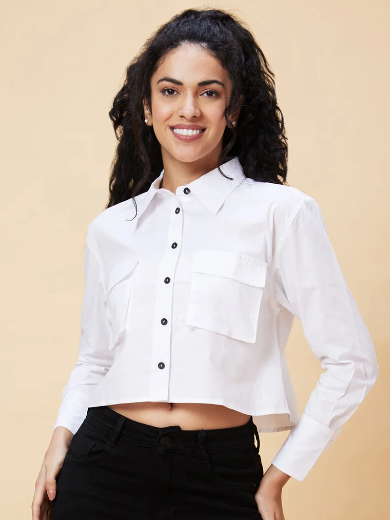 globus Women White Cotton Shirt Style Crop Top