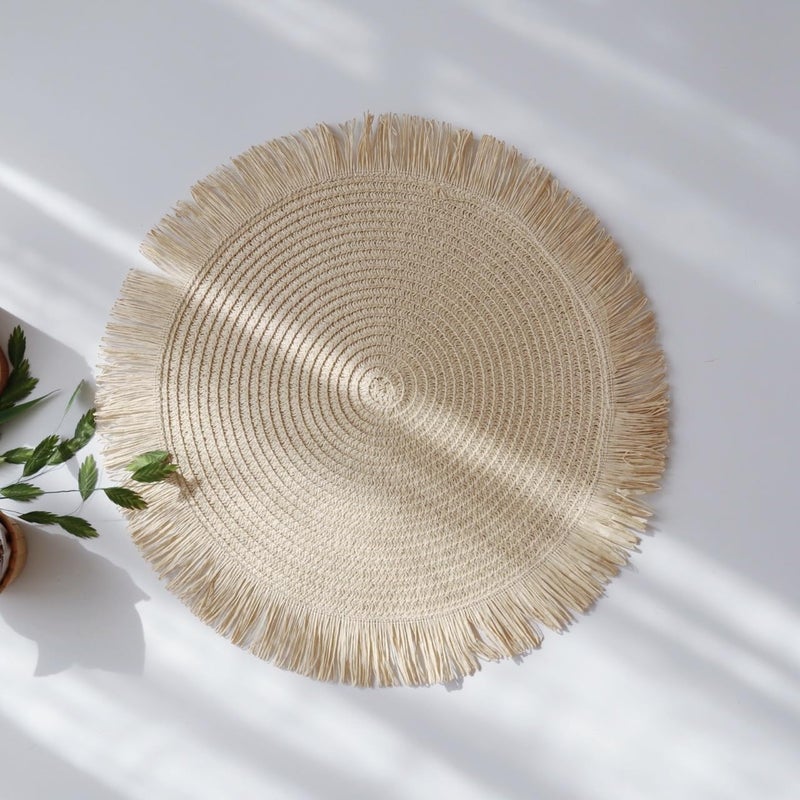 IcosaMro Beige Round Woven Placemats Set of 6 for Dining Table 15 Inch Braided Paper Boho Decorative Circle Jute Straw Place Mat for Wedding Christmas Thanksgiving Day Holiday Dinner Beige - Image 5