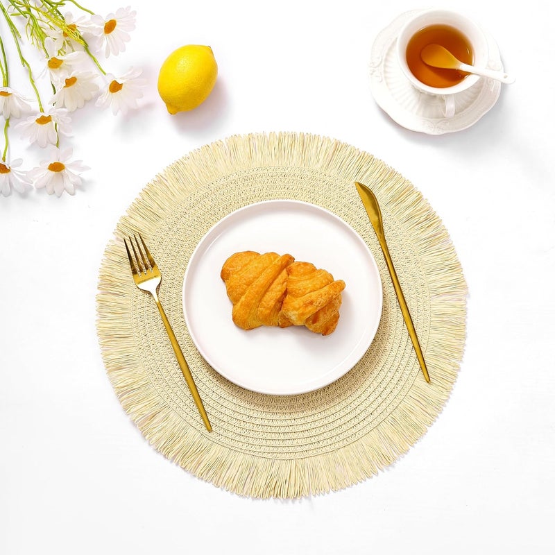 IcosaMro Beige Round Woven Placemats Set of 6 for Dining Table 15 Inch Braided Paper Boho Decorative Circle Jute Straw Place Mat for Wedding Christmas Thanksgiving Day Holiday Dinner Beige - Image 2